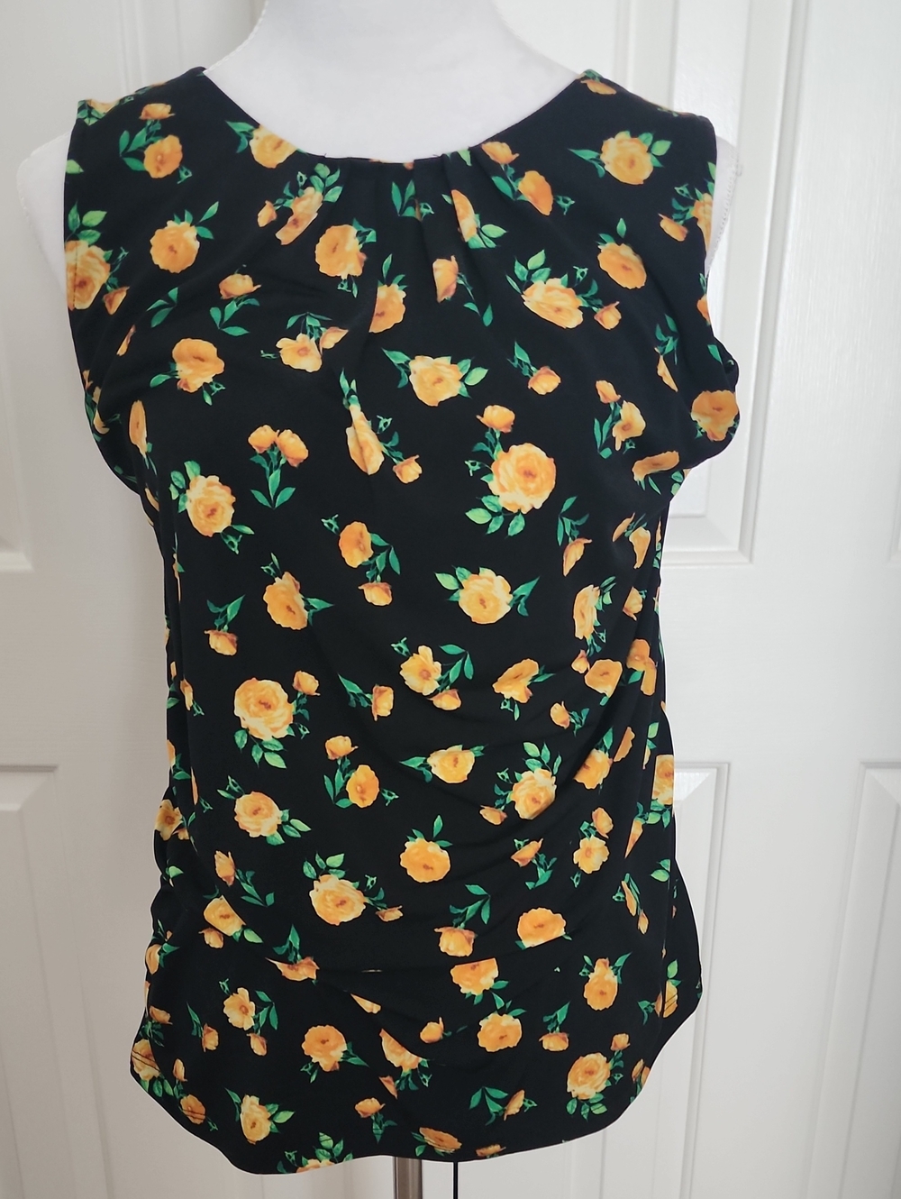 New York & Company Black Sleeveless Top with Yellow Rose Print